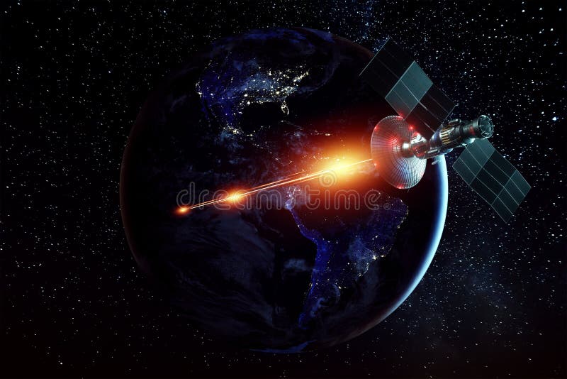 Satélite militar espacial un arma en el espacio dispara un láser contra el fondo de la tierra. guerra espacial con tecnología de a