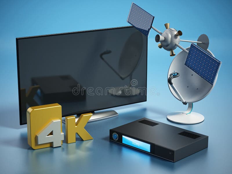 Satélite, plato, de 4K receptor ultra HD y TV ilustración 3D