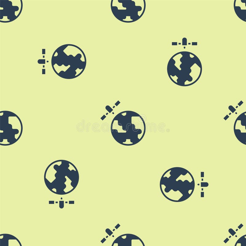 Blue Artificial satellites orbiting the planet Earth in outer space icon isolated seamless pattern on yellow background. Communication, navigation concept. Vector. Blue Artificial satellites orbiting the planet Earth in outer space icon isolated seamless pattern on yellow background. Communication, navigation concept. Vector.