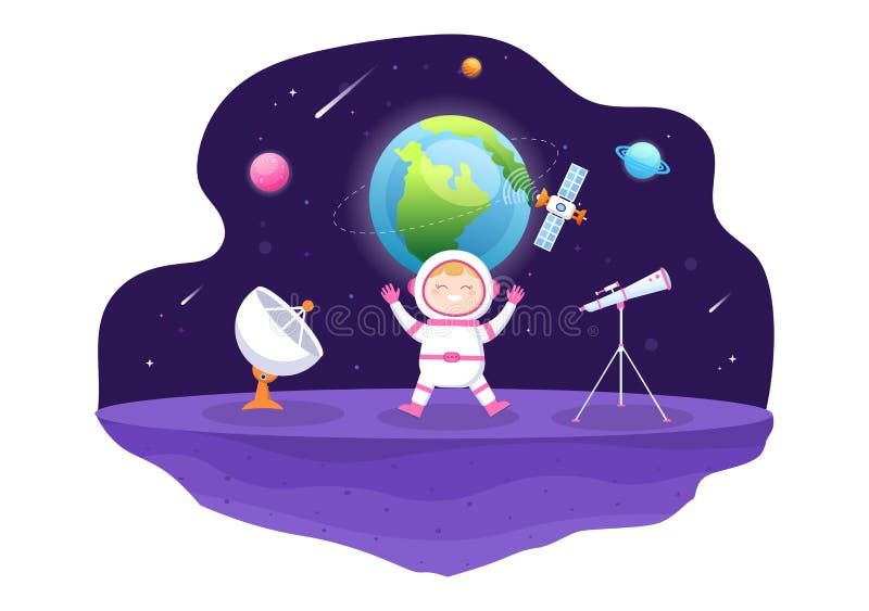 Artificial Satellites Orbiting the Planet Earth with Wireless Technology Global 5G Internet Network Communication and Astronaut in Flat Background Illustration. Artificial Satellites Orbiting the Planet Earth with Wireless Technology Global 5G Internet Network Communication and Astronaut in Flat Background Illustration