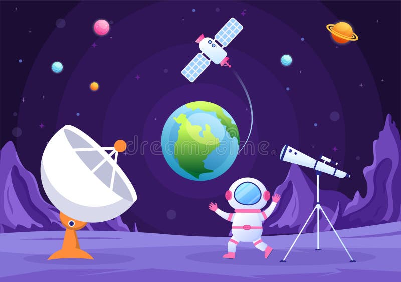 Artificial Satellites Orbiting the Planet Earth with Wireless Technology Global 5G Internet Network Communication and Astronaut in Flat Background Illustration. Artificial Satellites Orbiting the Planet Earth with Wireless Technology Global 5G Internet Network Communication and Astronaut in Flat Background Illustration