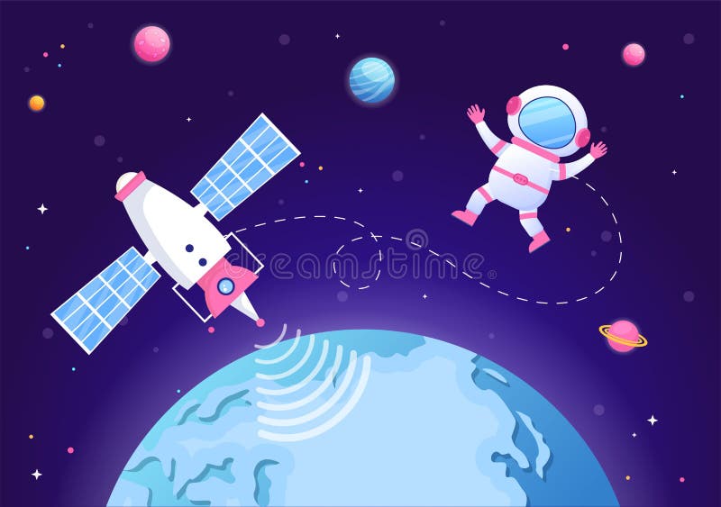 Artificial Satellites Orbiting the Planet Earth with Wireless Technology Global 5G Internet Network Communication and Astronaut in Flat Background Illustration. Artificial Satellites Orbiting the Planet Earth with Wireless Technology Global 5G Internet Network Communication and Astronaut in Flat Background Illustration