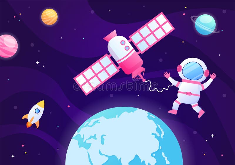 Artificial Satellites Orbiting the Planet Earth with Wireless Technology Global 5G Internet Network Communication and Astronaut in Flat Background Illustration. Artificial Satellites Orbiting the Planet Earth with Wireless Technology Global 5G Internet Network Communication and Astronaut in Flat Background Illustration