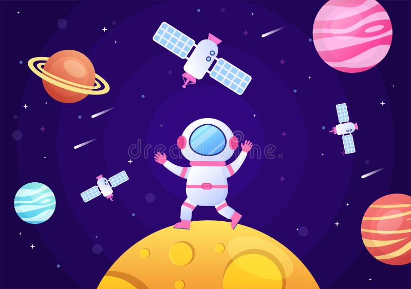 Artificial Satellites Orbiting the Planet Earth with Wireless Technology Global 5G Internet Network Communication and Astronaut in Flat Background Illustration. Artificial Satellites Orbiting the Planet Earth with Wireless Technology Global 5G Internet Network Communication and Astronaut in Flat Background Illustration