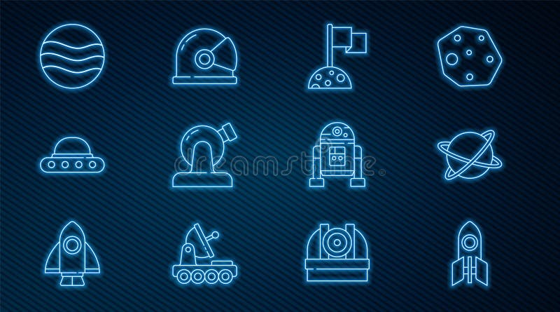 Set line Rocket ship Satellites orbiting the planet Moon with flag Astronomical observatory UFO flying spaceship Planet Robot and Astronaut helmet icon. Vector. Set line Rocket ship Satellites orbiting the planet Moon with flag Astronomical observatory UFO flying spaceship Planet Robot and Astronaut helmet icon. Vector.