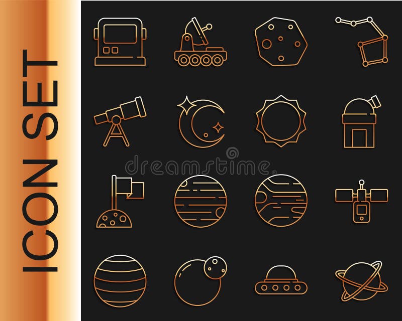 Set line Satellites orbiting the planet Astronomical observatory Asteroid Moon and stars Telescope Astronaut helmet and Sun icon. Vector. Set line Satellites orbiting the planet Astronomical observatory Asteroid Moon and stars Telescope Astronaut helmet and Sun icon. Vector.