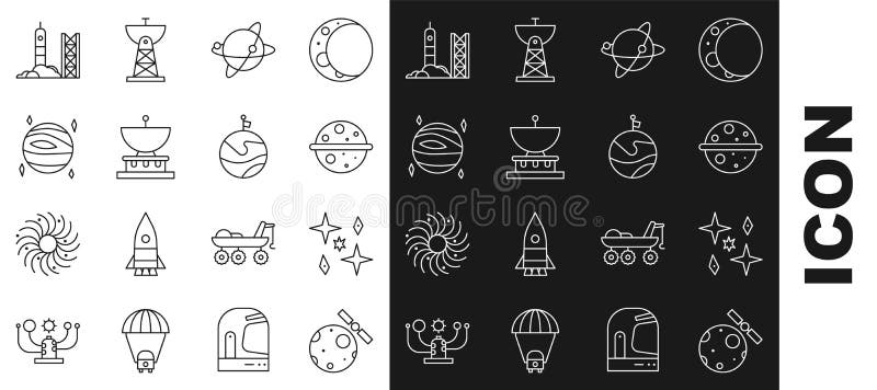 Set line Satellites orbiting the planet Earth Planet Venus Saturn Rocket launch from spaceport and Moon with flag icon. Vector. Set line Satellites orbiting the planet Earth Planet Venus Saturn Rocket launch from spaceport and Moon with flag icon. Vector.