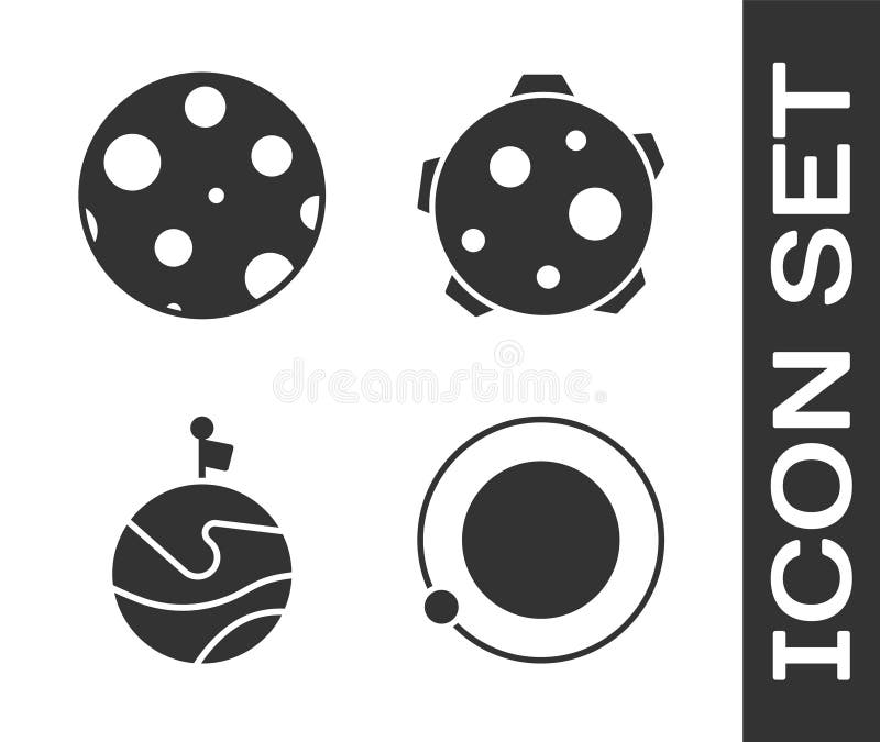 Set Satellites orbiting the planet Earth, Moon, Moon with flag and Planet icon. Vector. Set Satellites orbiting the planet Earth, Moon, Moon with flag and Planet icon. Vector.