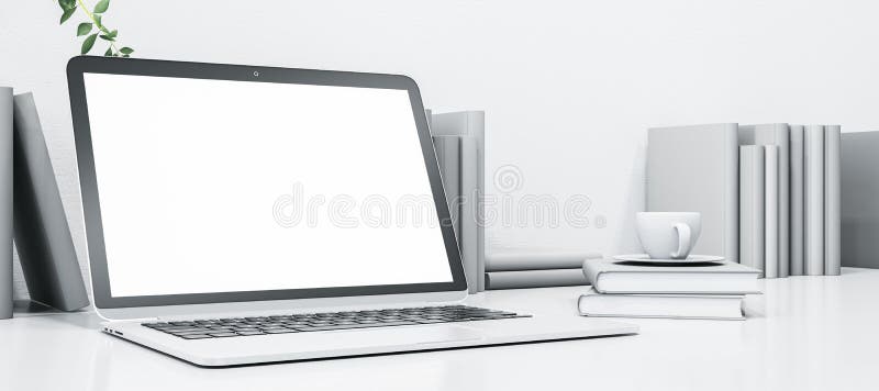 Sauberer, weißer Designer-Desktop mit leerem Bildschirm-PC-Bildschirm Kaffeetasse und Büchern. vektor abbildung
