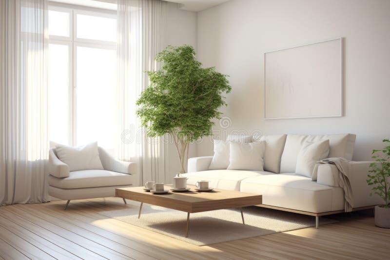 Sauberes, weißes Wohnzimmer mit einer Topfpflanze lizenzfreie stockfotos