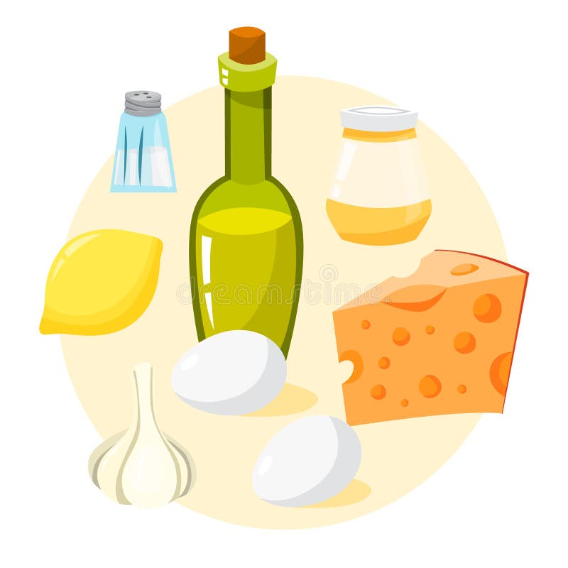 Sauce for caesar salad ingredients. Easy homemade dressing stock illustration Sauce for caesar salad ingredients. Easy homemade dressing stock illustration