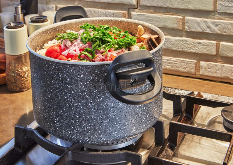 Saucepan on Gas Stove with Vegetables for Soup Stock Photo Image of