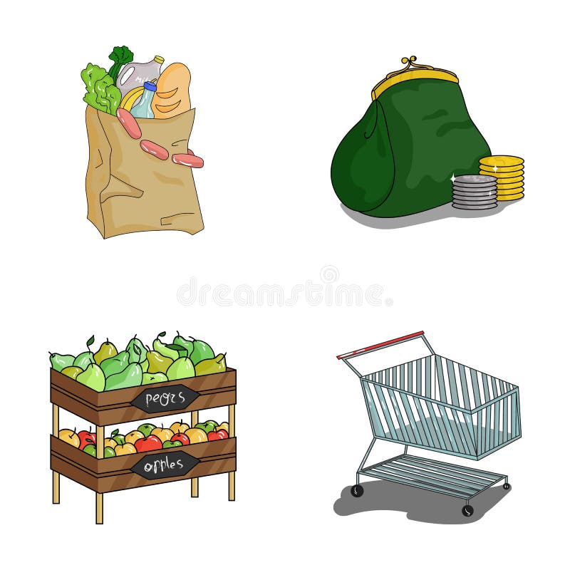 Saucisses, fruit, chariot Les icônes réglées de collection de supermarché dans le style de bande dessinée dirigent le Web courant illustration libre de droits Saucisses, fruit, chariot Les icônes réglées de collection de supermarché dans le style de bande dessinée dirigent le Web courant illustration libre de droits