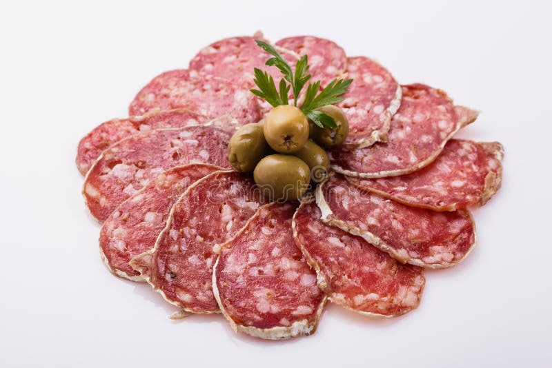 Saucisson Sec Delicious French Salami on a White Background Stock Image