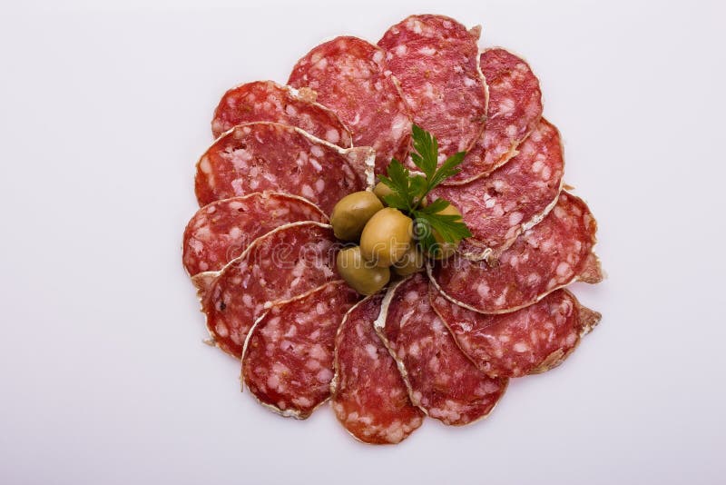 Saucisson Sec Delicious French Salami on a White Background Stock Image