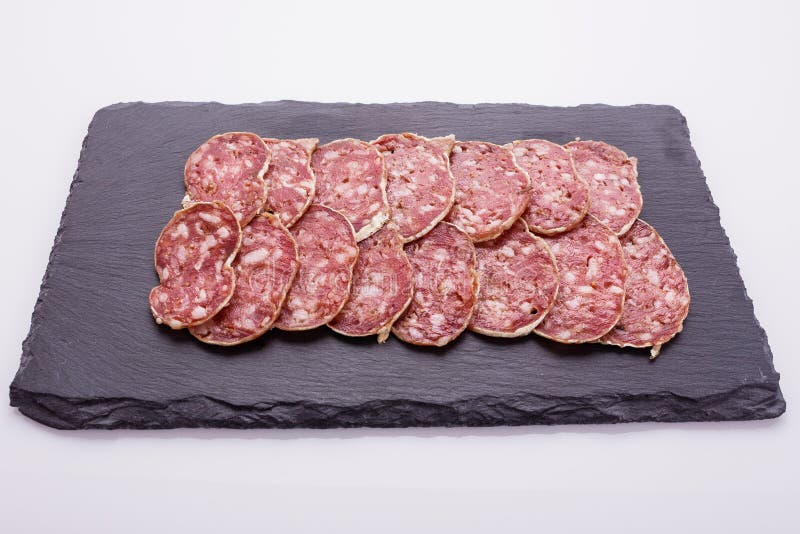 Saucisson Sec Delicious French Salami on a White Background Stock Image