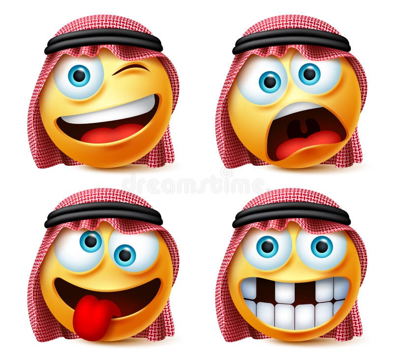 Saudi Arab Emoticon Vector Set Saudi Arabian Emoji Face Head In Funny Crazy And Naughty Facial Expression Stock Vector Illustration Of Facial Emoticon 165342758