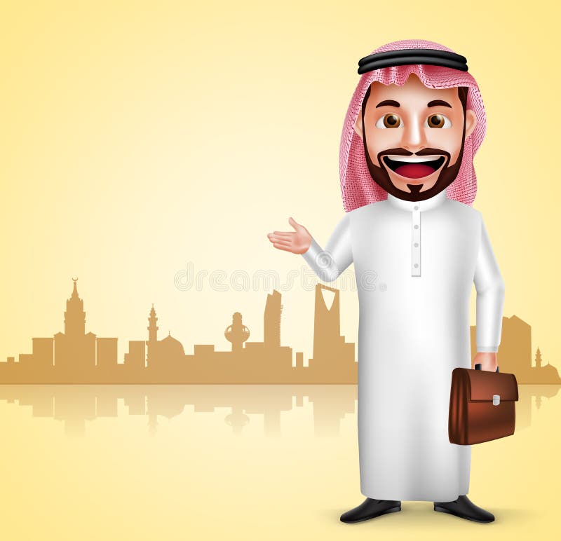 Saudi arab man vector character wearing thobe showing city landmark. 