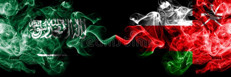 Saudi Arabia Kingdom vs Oman, Omani smoky mystic flags placed side by side. Thick colored silky smoke flags of Arabic, Arabian and royalty free illustration Saudi Arabia Kingdom vs Oman, Omani smoky mystic flags placed side by side. Thick colored silky smoke flags of Arabic, Arabian and royalty free illustration