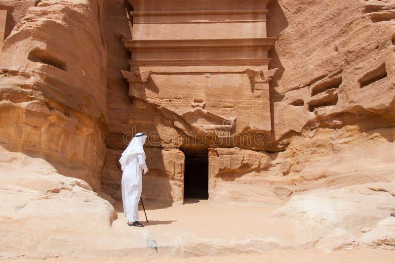 Saudian in MadaÃ®n Saleh archeological site, Saudi Arabia stock images