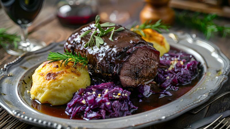 Sauerbraten with Red Cabbage and Potato Dumplings Stock Illustration ...