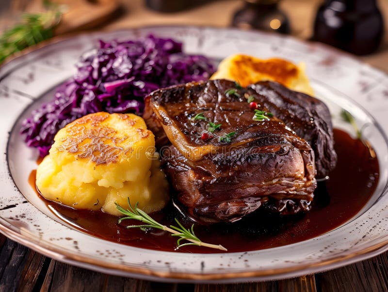 Sauerbraten with Red Cabbage and Potato Dumplings Stock Illustration ...