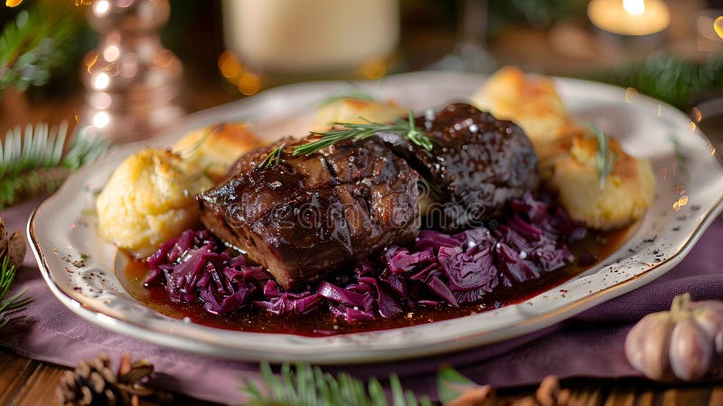 Sauerbraten with Red Cabbage and Potato Dumplings Stock Illustration ...