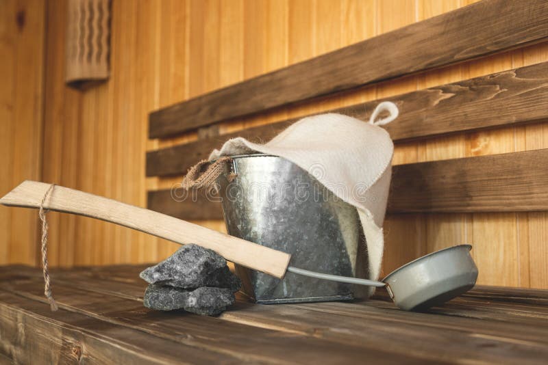 Sauna Accessories in the Steam Room, Wooden Sauna Interior Stock Image
