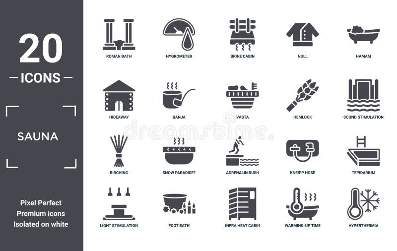 Sauna icon set. include creative elements as roman bath, hamam, hemlock, adrenalin rush, foot bath, birching filled icons can be used for web design, presentation, report and diagram. Pack up time vectors