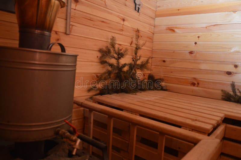 Sauna and Wood Bath for Taking Procedures in the House Stock Photo
