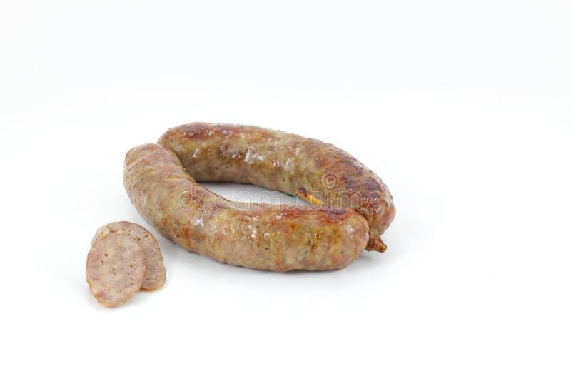 Sausage Baked and Sliced on White, Stock Photo Image of typical