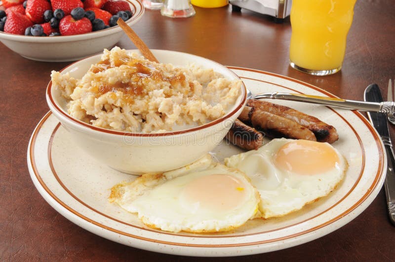 Sausage and Eggs with Oatmeal Stock Image Image of strawberries