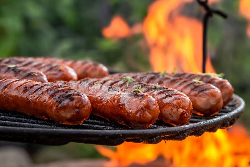 Sausage on Grill with Spices and Herbs in Summer Stock Photo Image of