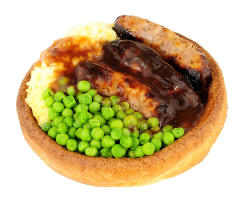 Sausage and Mash Meal in Yorkshire Pudding Stock Image Image of peas