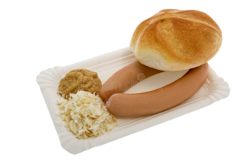 Sausage with mustard, horseradish and pastries