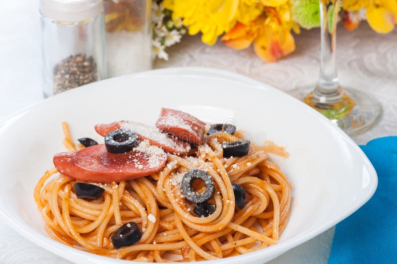 Sausage olive pasta stock image. Image of healthy, grill 35244357