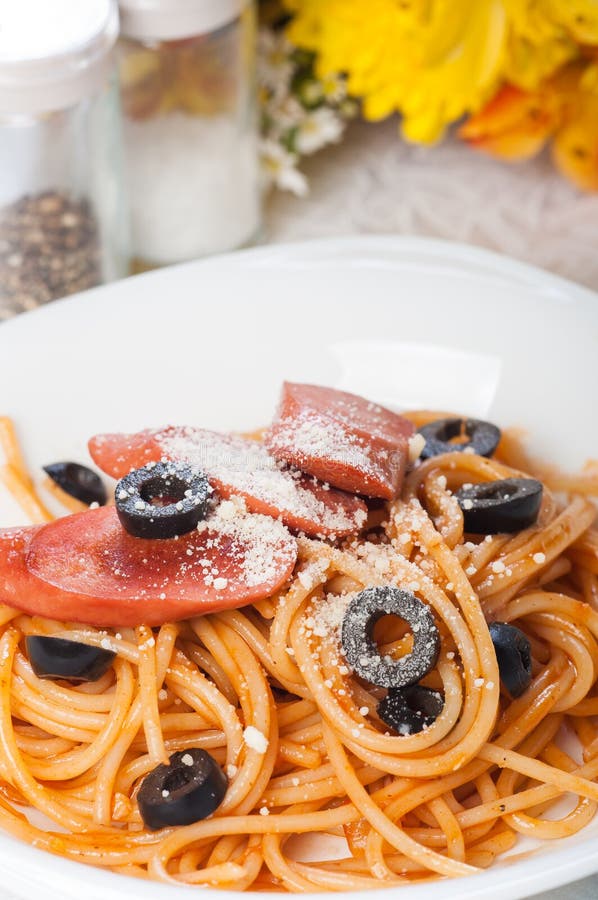 Sausage olive pasta stock photo. Image of beef, pasta 35244522