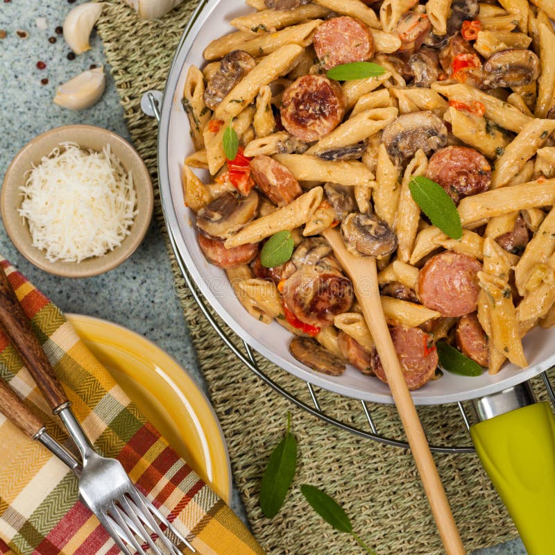 Sausage Pasta Alfredo stock photo. Image of creamy, mushroom - 77163762