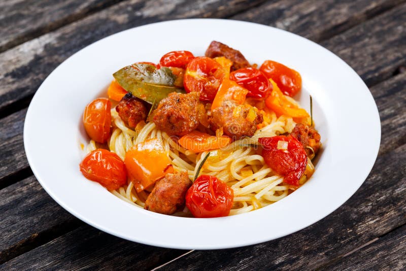Sausage Pasta Spaghetti with Summer Vegetables Stock Image Image of