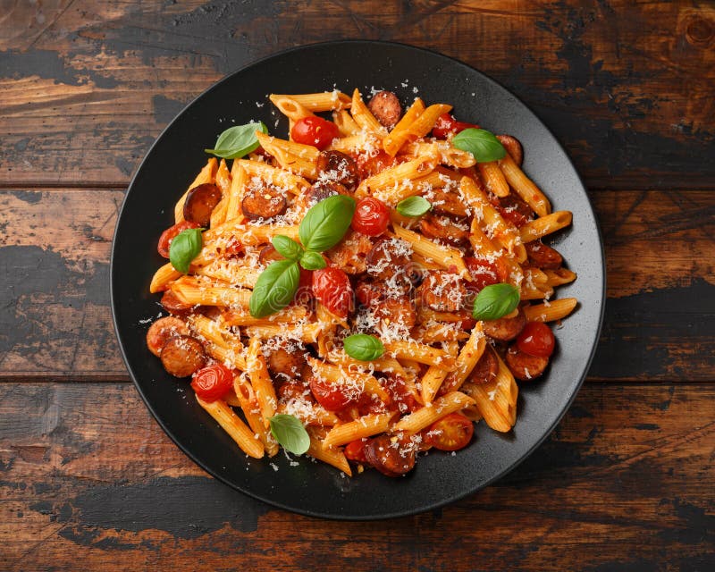 Sausage penne Pasta with tomato sauce, parmesan cheese and basil on black plate