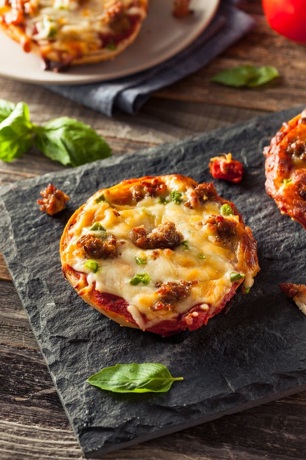Sausage and Pepper Pizza Bagels Stock Photo Image of ingredient