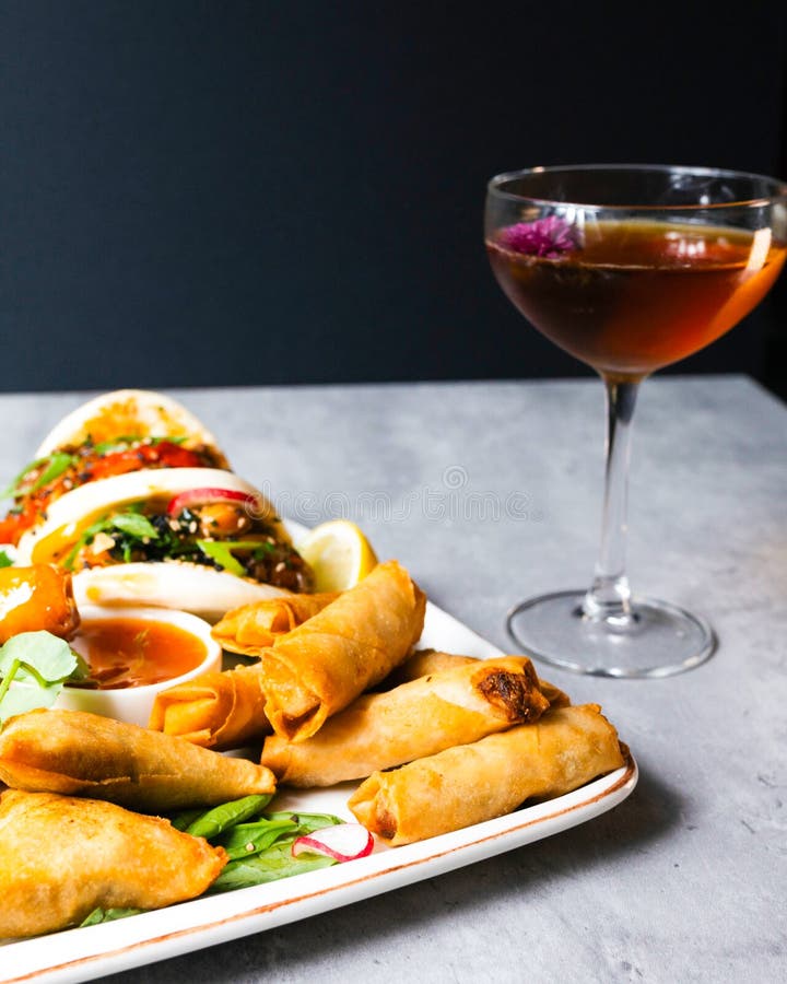 Sausage Roll, Seafood, Ketchup and Red Wine Stock Photo Image of