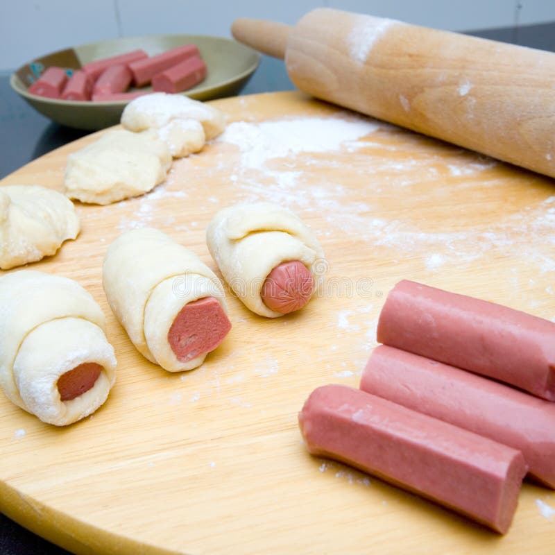 Sausage Rolls Prepared with Freshly Made Dough. Stock Image Image of