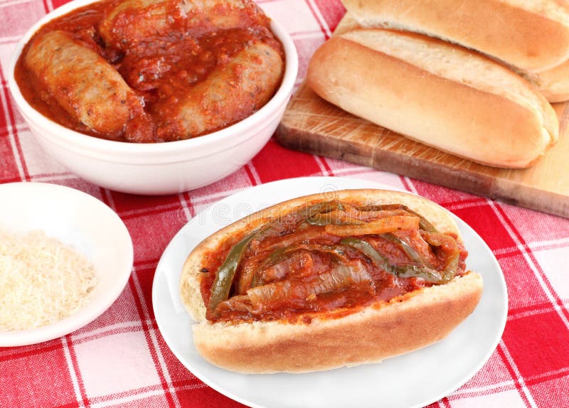 Sausage Sub With Peppers, Onions And Tomato Sauce. Stock ...