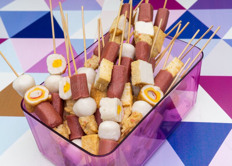 Sausages and Fish Ball on a Bamboo Stick Stock Image Image of dish