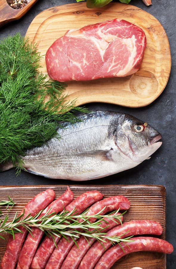 Sausages, Fish and Meat Cooking Stock Photo Image of poultry, marble 77256530