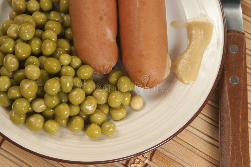Sausages with Green Peas and Mustard Stock Image Image of healthy