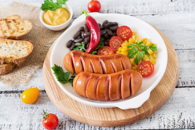 Sausages on the Grill with Vegetables. Stock Image Image of calorie