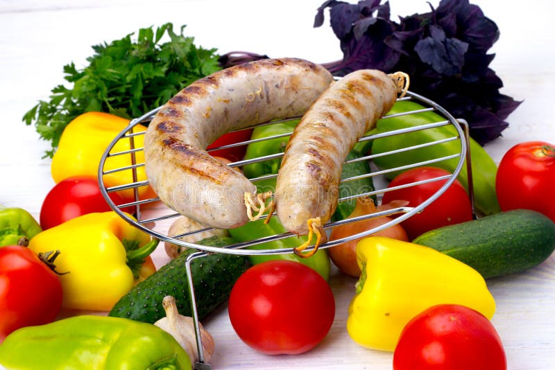 Sausages Grilled Vegetables on Background Stock Image Image of tomato