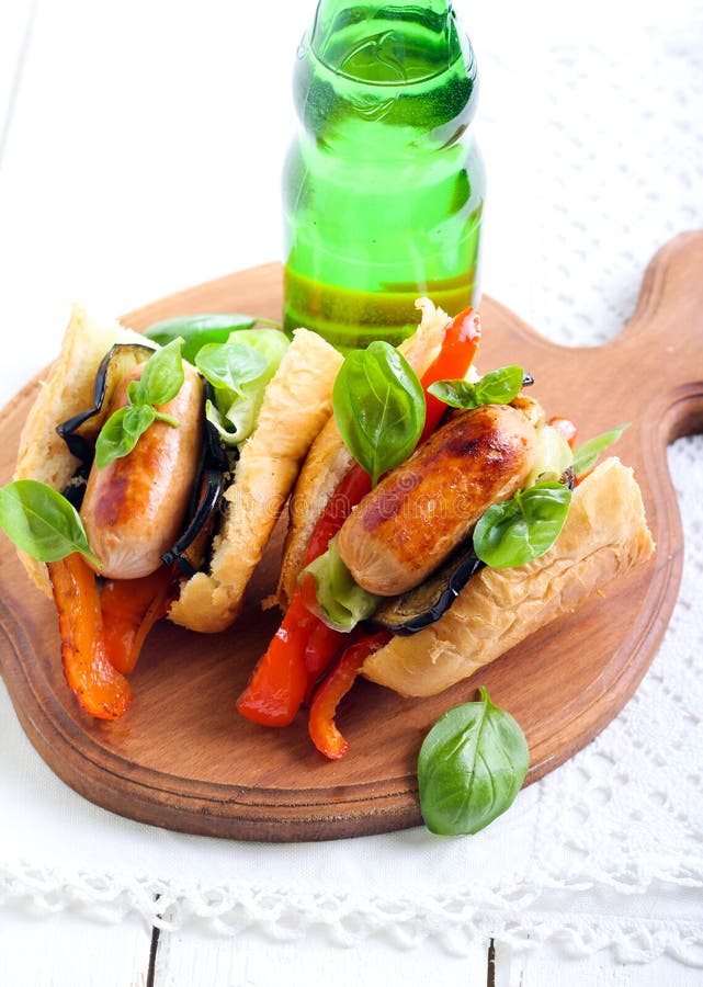 Sausages with Grilled Vegetables Stock Image Image of ketchup, sauce